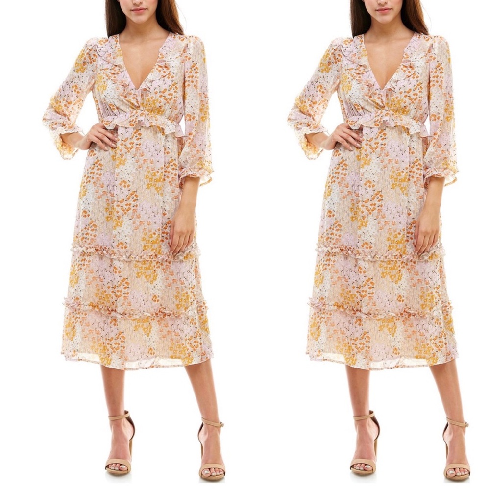Floral print tiered ruffle midi dress 3/4 slv - Picture 4 of 8